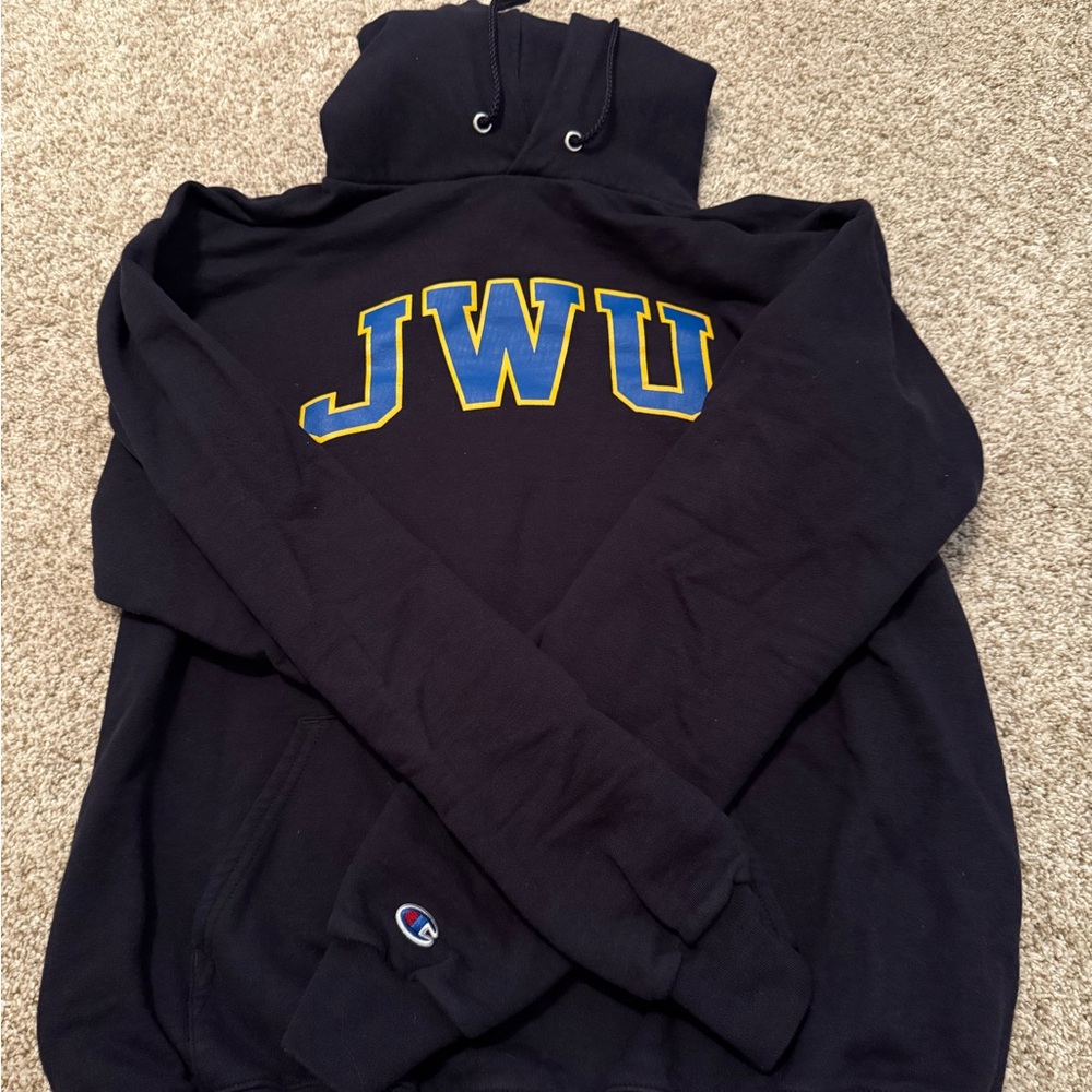 Champion Black Hoodie with Blue and Yellow JWU Logo